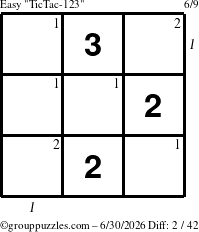 The grouppuzzles.com Easy TicTac-123 puzzle for Tuesday June 30, 2026 with all 2 steps marked