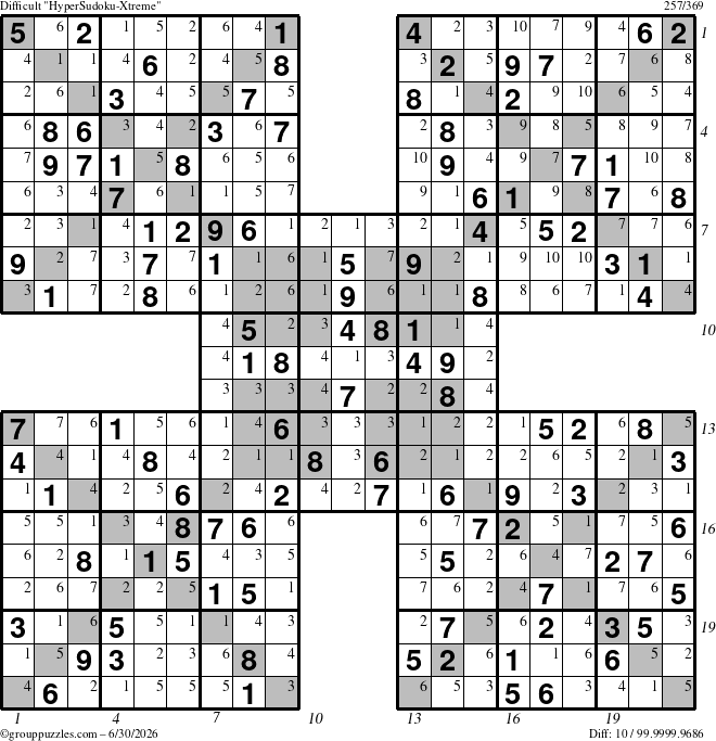 The grouppuzzles.com Difficult HyperSudoku-Xtreme puzzle for Tuesday June 30, 2026, suitable for printing, with all 10 steps marked