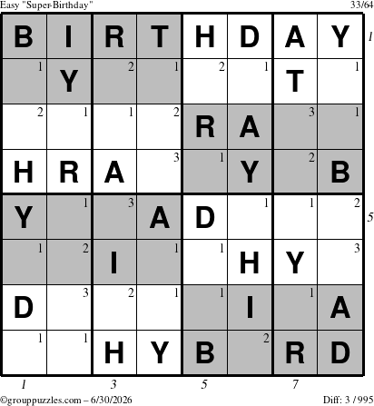 The grouppuzzles.com Easy Super-Birthday puzzle for Tuesday June 30, 2026, suitable for printing, with all 3 steps marked