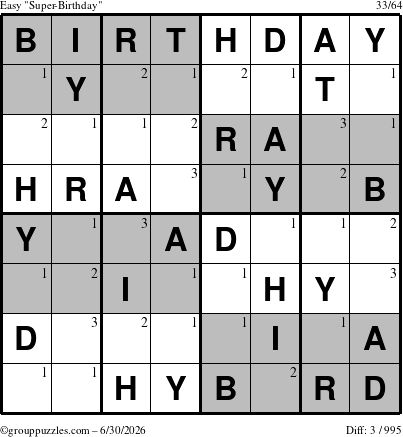The grouppuzzles.com Easy Super-Birthday puzzle for Tuesday June 30, 2026 with the first 3 steps marked