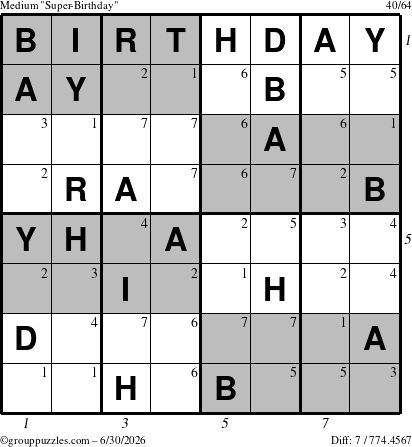 The grouppuzzles.com Medium Super-Birthday puzzle for Tuesday June 30, 2026 with all 7 steps marked