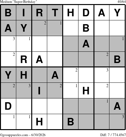 The grouppuzzles.com Medium Super-Birthday puzzle for Tuesday June 30, 2026 with the first 3 steps marked