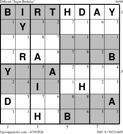 The grouppuzzles.com Difficult Super-Birthday puzzle for Tuesday June 30, 2026 with all 8 steps marked