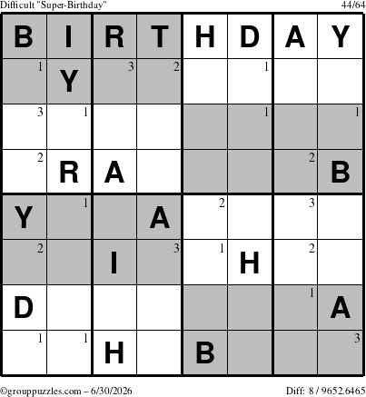 The grouppuzzles.com Difficult Super-Birthday puzzle for Tuesday June 30, 2026 with the first 3 steps marked