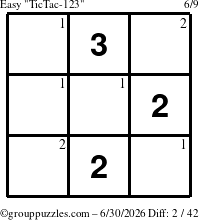 The grouppuzzles.com Easy TicTac-123 puzzle for Tuesday June 30, 2026 with the first 2 steps marked
