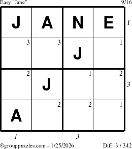 The grouppuzzles.com Easy Jane puzzle for Sunday January 25, 2026, suitable for printing, with all 3 steps marked
