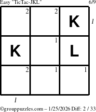 The grouppuzzles.com Easy TicTac-JKL puzzle for Sunday January 25, 2026 with all 2 steps marked