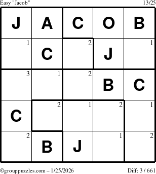 The grouppuzzles.com Easy Jacob puzzle for Sunday January 25, 2026 with the first 3 steps marked