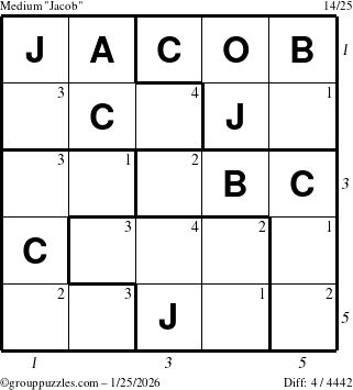 The grouppuzzles.com Medium Jacob puzzle for Sunday January 25, 2026, suitable for printing, with all 4 steps marked