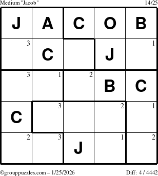 The grouppuzzles.com Medium Jacob puzzle for Sunday January 25, 2026 with the first 3 steps marked