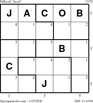 The grouppuzzles.com Difficult Jacob puzzle for Sunday January 25, 2026, suitable for printing, with all 4 steps marked