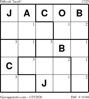 The grouppuzzles.com Difficult Jacob puzzle for Sunday January 25, 2026 with the first 3 steps marked