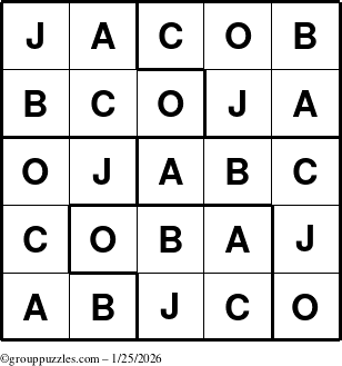 The grouppuzzles.com Answer grid for the Jacob puzzle for Sunday January 25, 2026
