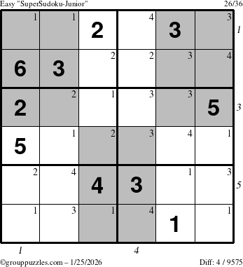 The grouppuzzles.com Easy SuperSudoku-Junior puzzle for Sunday January 25, 2026, suitable for printing, with all 4 steps marked