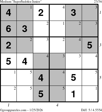 The grouppuzzles.com Medium SuperSudoku-Junior puzzle for Sunday January 25, 2026 with all 5 steps marked