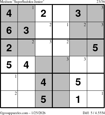 The grouppuzzles.com Medium SuperSudoku-Junior puzzle for Sunday January 25, 2026 with the first 3 steps marked