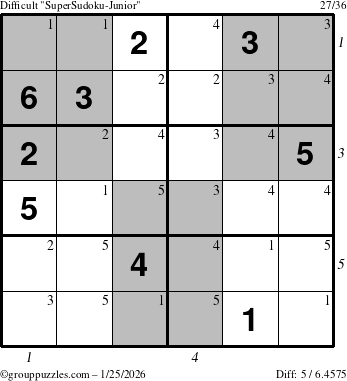 The grouppuzzles.com Difficult SuperSudoku-Junior puzzle for Sunday January 25, 2026, suitable for printing, with all 5 steps marked