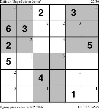 The grouppuzzles.com Difficult SuperSudoku-Junior puzzle for Sunday January 25, 2026 with the first 3 steps marked