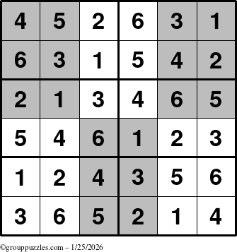 The grouppuzzles.com Answer grid for the SuperSudoku-Junior puzzle for Sunday January 25, 2026