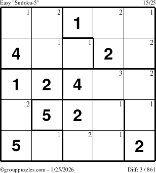 The grouppuzzles.com Easy Sudoku-5 puzzle for Sunday January 25, 2026 with the first 3 steps marked