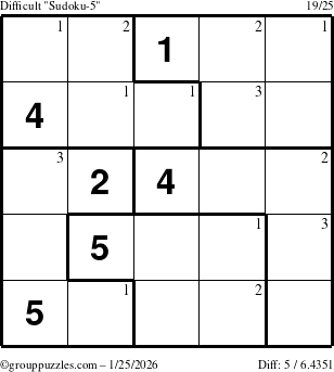 The grouppuzzles.com Difficult Sudoku-5 puzzle for Sunday January 25, 2026 with the first 3 steps marked