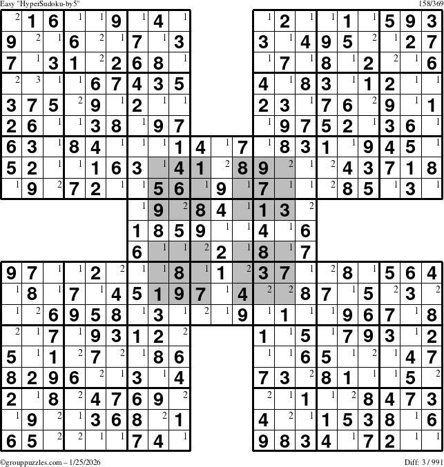 The grouppuzzles.com Easy HyperSudoku-by5 puzzle for Sunday January 25, 2026 with the first 3 steps marked