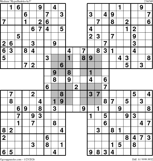 The grouppuzzles.com Medium HyperSudoku-by5 puzzle for Sunday January 25, 2026
