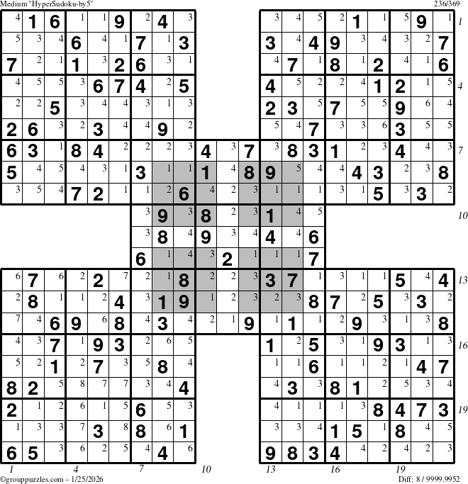 The grouppuzzles.com Medium HyperSudoku-by5 puzzle for Sunday January 25, 2026, suitable for printing, with all 8 steps marked