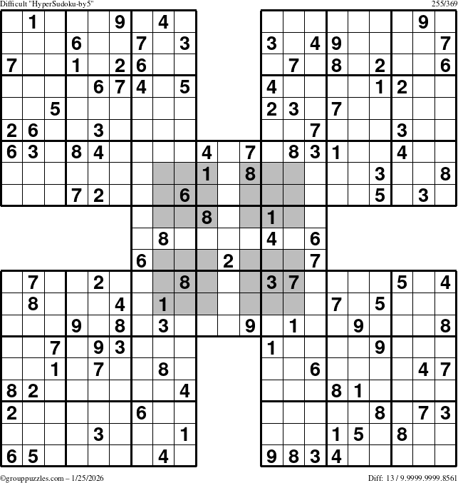 The grouppuzzles.com Difficult HyperSudoku-by5 puzzle for Sunday January 25, 2026