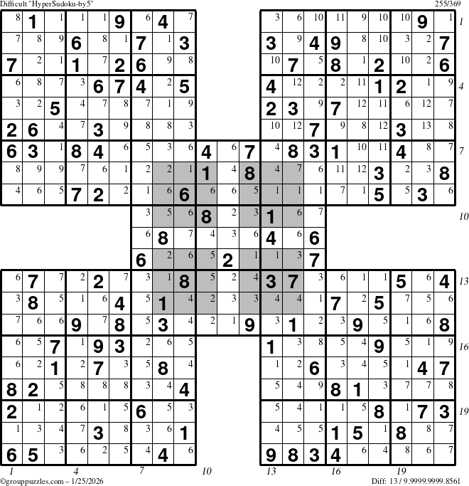 The grouppuzzles.com Difficult HyperSudoku-by5 puzzle for Sunday January 25, 2026 with all 13 steps marked