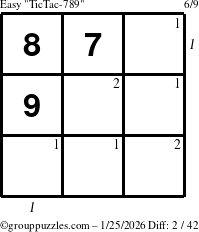The grouppuzzles.com Easy TicTac-789 puzzle for Sunday January 25, 2026 with all 2 steps marked