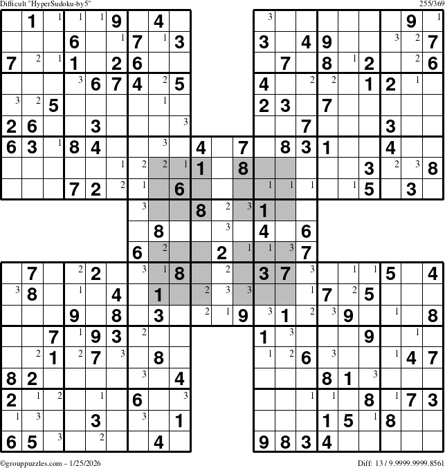 The grouppuzzles.com Difficult HyperSudoku-by5 puzzle for Sunday January 25, 2026 with the first 3 steps marked