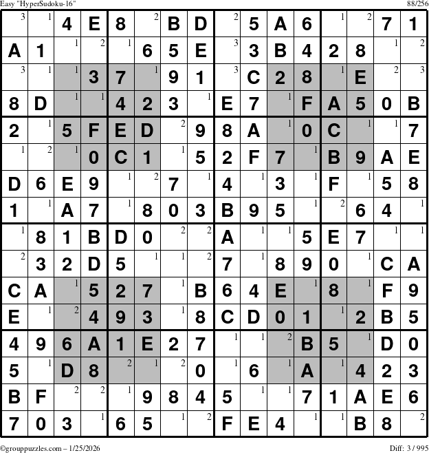 The grouppuzzles.com Easy HyperSudoku-16 puzzle for Sunday January 25, 2026 with the first 3 steps marked