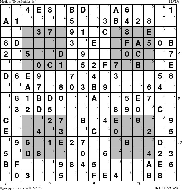 The grouppuzzles.com Medium HyperSudoku-16 puzzle for Sunday January 25, 2026, suitable for printing, with all 8 steps marked