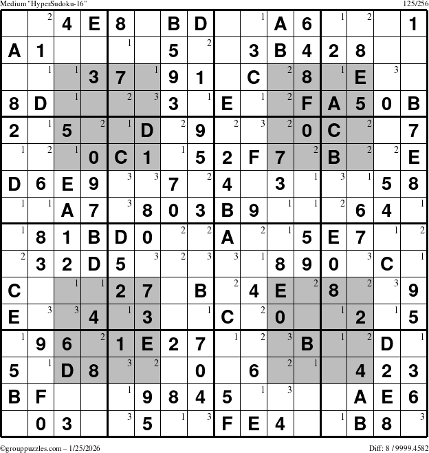 The grouppuzzles.com Medium HyperSudoku-16 puzzle for Sunday January 25, 2026 with the first 3 steps marked