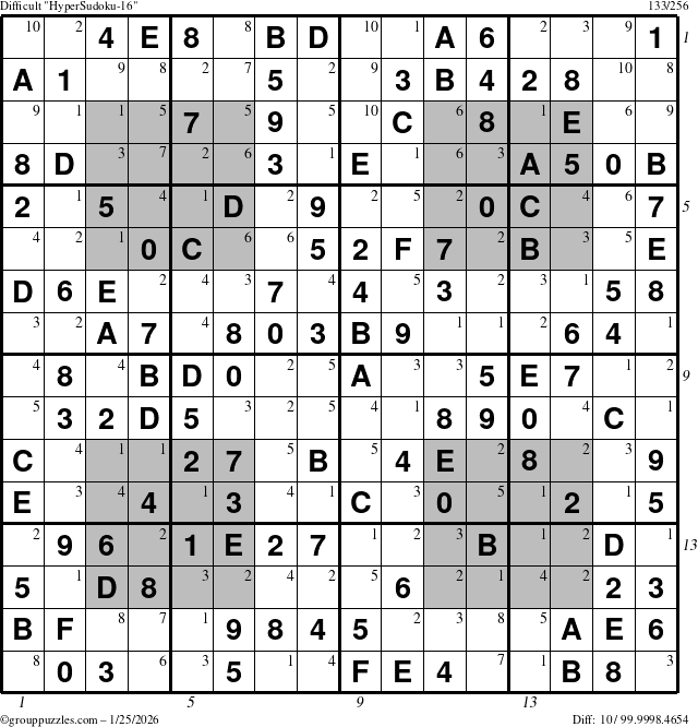 The grouppuzzles.com Difficult HyperSudoku-16 puzzle for Sunday January 25, 2026 with all 10 steps marked