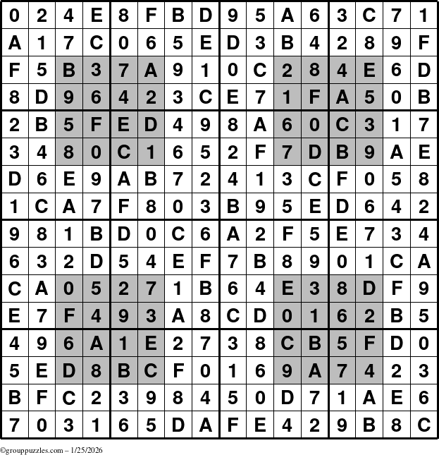 The grouppuzzles.com Answer grid for the HyperSudoku-16 puzzle for Sunday January 25, 2026