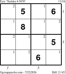 The grouppuzzles.com Easy Sudoku-4-5678 puzzle for Wednesday July 22, 2026 with all 2 steps marked