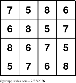 The grouppuzzles.com Answer grid for the Sudoku-4-5678 puzzle for Wednesday July 22, 2026