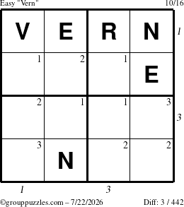 The grouppuzzles.com Easy Vern puzzle for Wednesday July 22, 2026 with all 3 steps marked