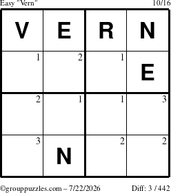 The grouppuzzles.com Easy Vern puzzle for Wednesday July 22, 2026 with the first 3 steps marked