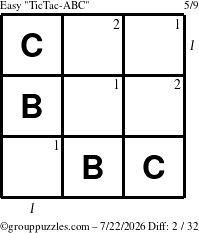 The grouppuzzles.com Easy TicTac-ABC puzzle for Wednesday July 22, 2026 with all 2 steps marked