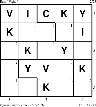The grouppuzzles.com Easy Vicky puzzle for Wednesday July 22, 2026 with all 3 steps marked