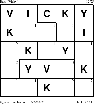 The grouppuzzles.com Easy Vicky puzzle for Wednesday July 22, 2026 with the first 3 steps marked