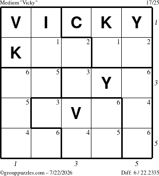 The grouppuzzles.com Medium Vicky puzzle for Wednesday July 22, 2026, suitable for printing, with all 6 steps marked