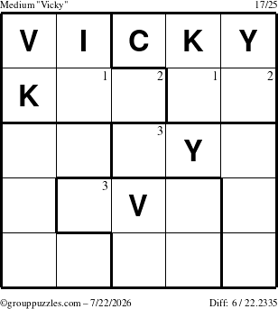 The grouppuzzles.com Medium Vicky puzzle for Wednesday July 22, 2026 with the first 3 steps marked