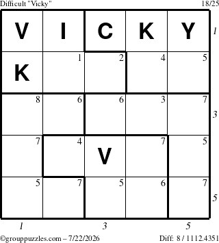 The grouppuzzles.com Difficult Vicky puzzle for Wednesday July 22, 2026, suitable for printing, with all 8 steps marked
