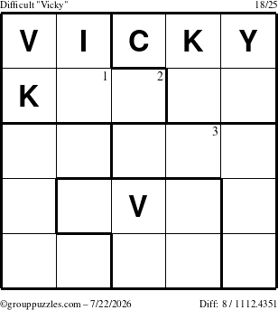 The grouppuzzles.com Difficult Vicky puzzle for Wednesday July 22, 2026 with the first 3 steps marked