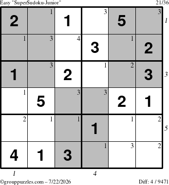 The grouppuzzles.com Easy SuperSudoku-Junior puzzle for Wednesday July 22, 2026 with all 4 steps marked