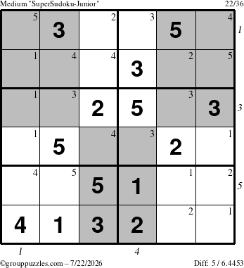 The grouppuzzles.com Medium SuperSudoku-Junior puzzle for Wednesday July 22, 2026, suitable for printing, with all 5 steps marked